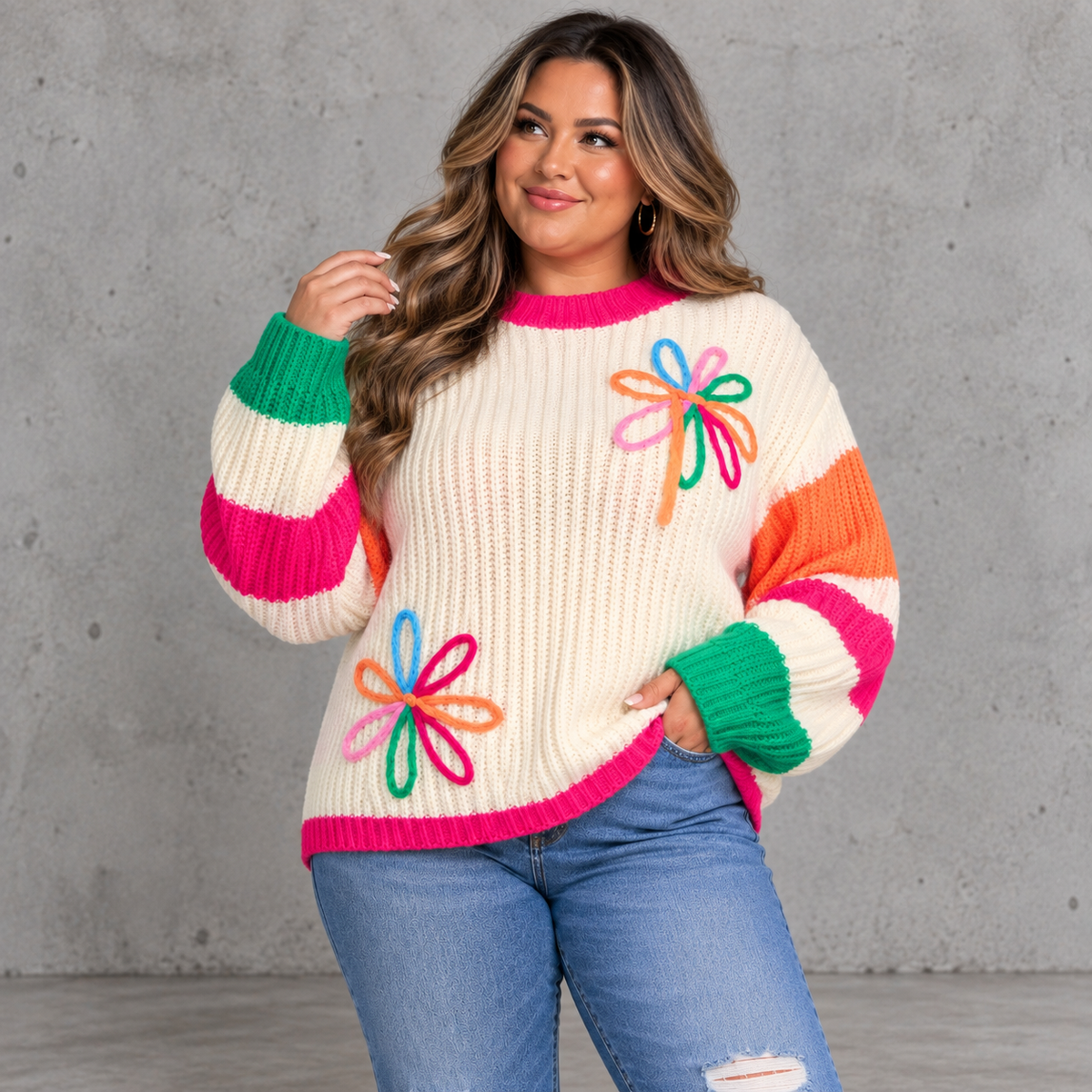 Flower Striped Chunky Knit Sweater