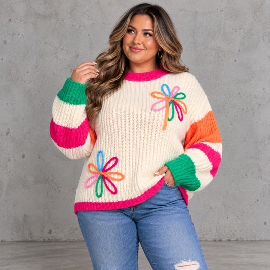 Flower Striped Chunky Knit Sweater