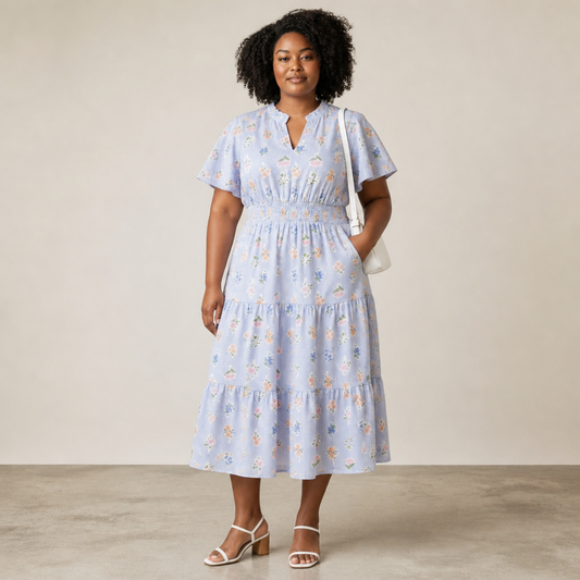 Blue Stripe Floral Midi Dress