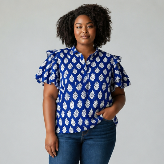 Blue Botanical Print Blouse